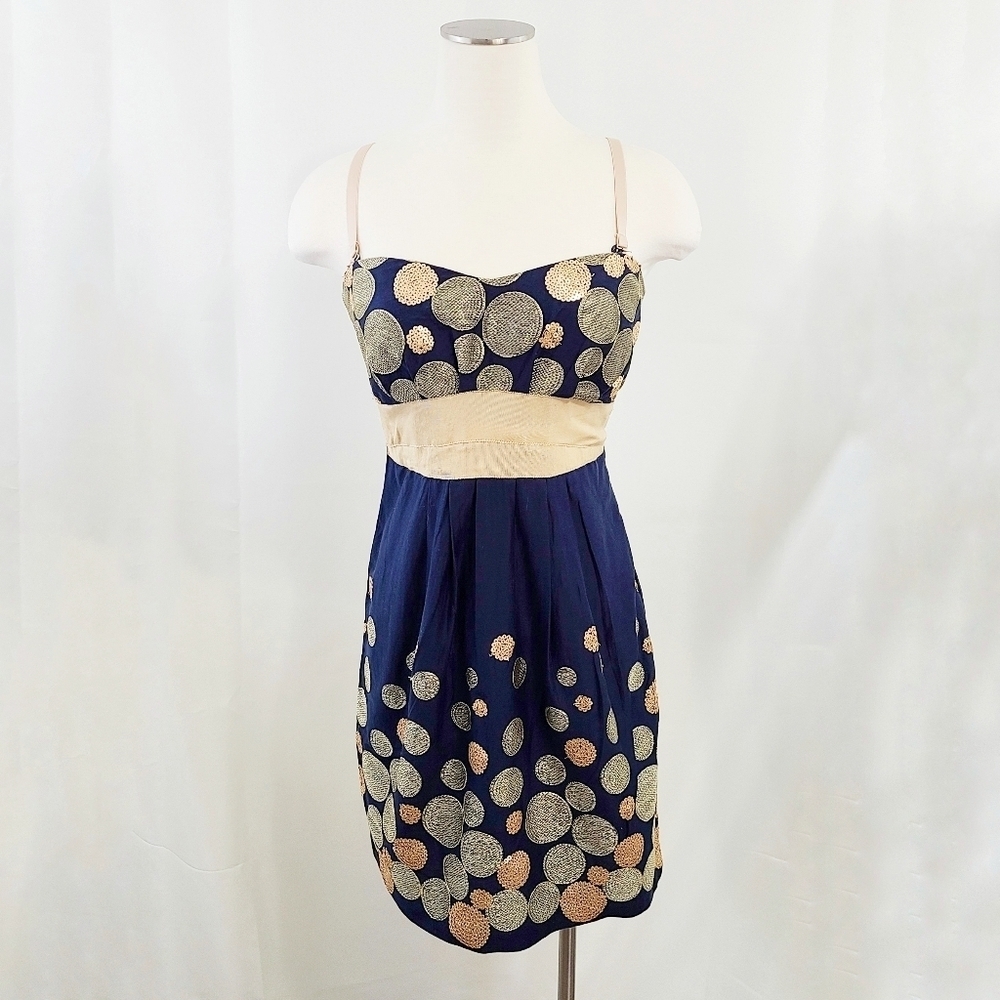 Chelsea & Violet a-line sequin circles dress navy blue copper gold size 8